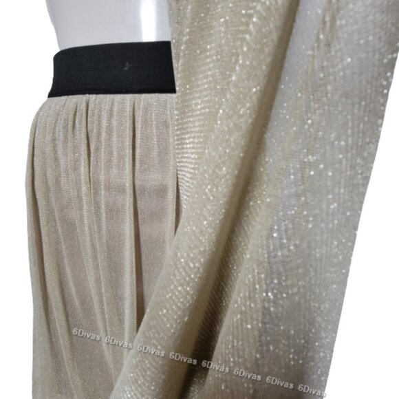 SHIMMERING elastic waist flare pleated long beige sheer skirt size L - Picture 3 of 11